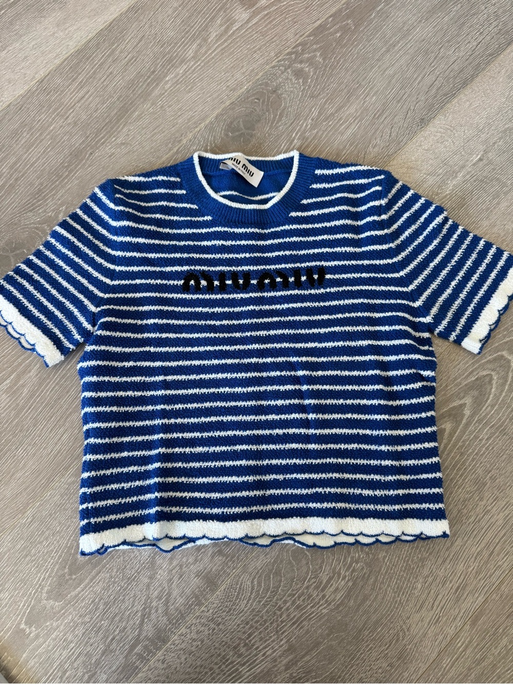 Miu Miu Striped Scalloped Edge Short Sleeve Knit Top